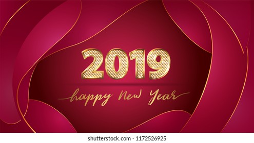 Golden Vector luxury text 2019 Happy new year. Gold Festive Numbers Design with diamonds texture. Gold shining. Happy New Year red banner 2019 Numbers for greeting card, calendar 2019. Fluid shapes
