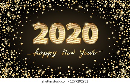 Golden Vector luxury text 2020 Happy new year. Gold Festive Numbers Design, diamonds texture. Gold shining glitter confetti. Happy New Year Banner with 2020 Numbers for greeting card, calendar 2020