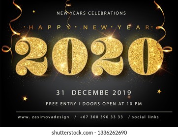 Golden Vector luxury text 2020 Happy new year. Gold Festive Numbers Design, diamonds texture. Gold shining glitter confetti. Happy New Year Banner with 2020 Numbers for greeting card, calendar 2020