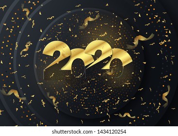 Golden Vector luxury text 2020 Happy new year. Gold Festive Numbers Design, diamonds texture. Gold shining glitter confetti. Happy New Year Banner with 2020 Numbers for greeting card, calendar 2020
