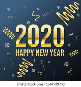 Golden Vector luxury text 2020 Happy new year. Gold Festive Numbers Design. Gold shining party ribbon and star new year party