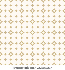 Golden vector minimal seamless pattern with small diamonds, rhombuses, stars, grid. Abstract minimalist geometric texture. Simple luxury gold and white background. Elegant repeat geo design for decor