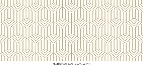 Vetor dourado padrão mínimo sem emenda com hexágonos, linhas. Fundo geométrico abstrato dourado e branco com grade hexagonal. Textura linear minimalista simples. Design repetido moderno para decoração, impressão