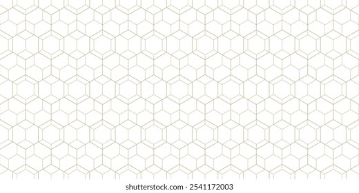 Golden vector minimalist geometric seamless pattern. Gold lines texture, hexagon grid, delicate minimal lattice, net, diamonds. Trending linear background. Abstract background. Repeating geo design