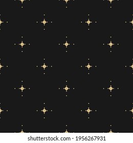 Golden vector minimalist seamless pattern with small diamond shapes, stars, rhombuses, dots. Abstract gold and black geometric texture. Simple minimal repeat background. Luxury ornate repeat design