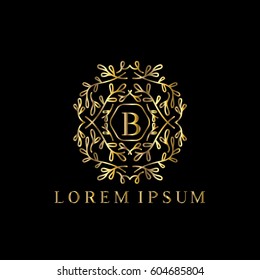 Golden vector monogram Letter B logo design template with floral ornaments