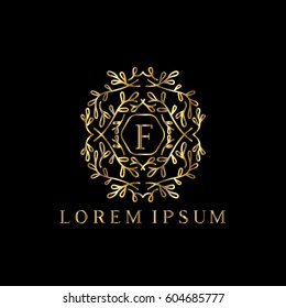 Golden vector monogram Letter F logo design template with floral ornaments