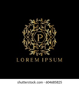 Golden vector monogram Letter P logo design template with floral ornaments