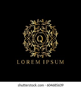 Golden vector monogram Letter Q logo design template with floral ornaments