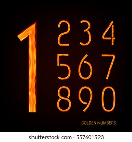 Golden vector numbers. Elegant yellow figure on a dark background. Isolated symbol. Glow elements and soft colors of the game. Original metal signs.