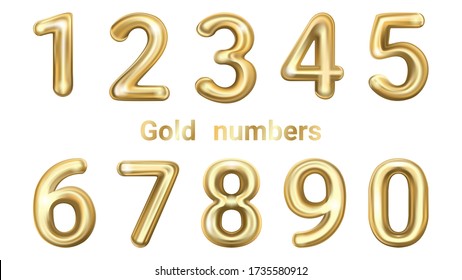 Golden vector numbers. Golden yellow metallic numbers. Gold 3d figures, stylish celebrating font.