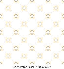 Golden vector ornament pattern in Arabian style. White and gold elegant floral seamless texture with subtle lattice, grid, flower silhouettes. Abstract geometric background. Luxury repeated design