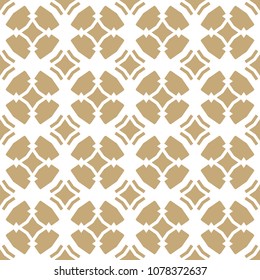 Golden vector ornamental seamless pattern in Arabian style. Elegant gold and white texture with carved grid, lattice, floral figures, repeat geometric tiles. Moroccan style background. Abstract design