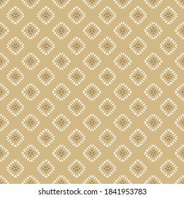 Patrón ornamental sin costuras del vector dorado. Elegante textura de ornamento geométrico con pequeñas siluetas de flores, diamantes, rejilla. Resumen del fondo dorado. Motivo étnico. Diseño lujoso y repetitivo