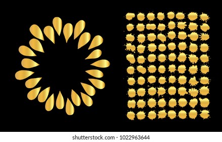 Golden vector paint splats set. Gold grunge elements. Golden inky blot set