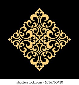 Golden vector pattern on a black background. Damask graphic ornament. Floral design element.