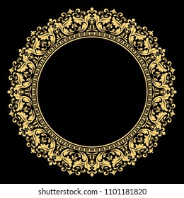 Golden vector pattern on a black background. Damask graphic ornament. Floral design element.