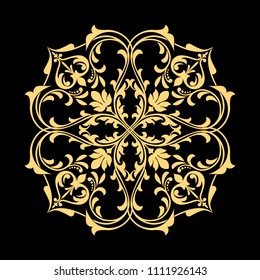 Golden vector pattern on a black background. Damask graphic ornament. Floral design element.