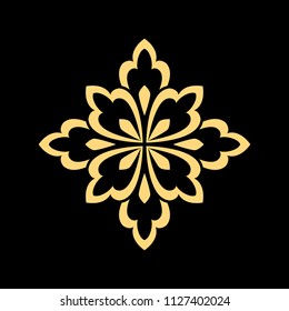 Golden vector pattern on a black background. Damask graphic ornament. Floral design element.