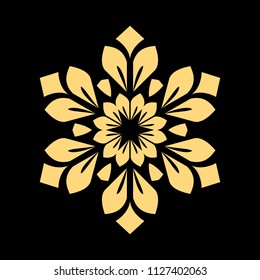 Golden vector pattern on a black background. Damask graphic ornament. Floral design element.