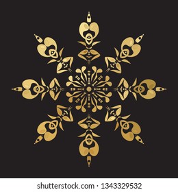 Golden vector pattern on a black background. Damask graphic ornament. Floral design element.