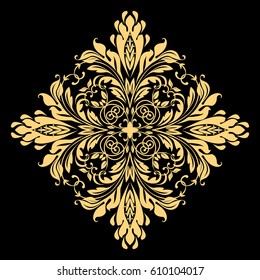 Golden vector pattern on a black background. Damask graphic ornament. Floral design element.