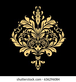 Golden vector pattern on a black background. Damask graphic ornament. Floral design element.