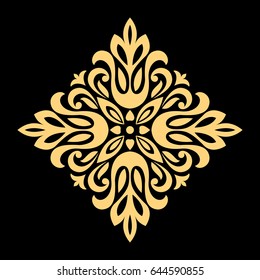 Golden vector pattern on a black background. Damask graphic ornament. Floral design element.