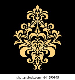 Golden vector pattern on a black background. Damask graphic ornament. Floral design element.