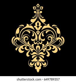 Golden vector pattern on a black background. Damask graphic ornament. Floral design element.