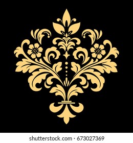 Golden vector pattern on a black background. Damask graphic ornament. Floral design element.