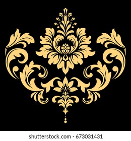 Golden vector pattern on a black background. Damask graphic ornament. Floral design element.