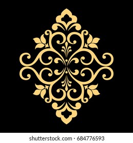 Golden vector pattern on a black background. Damask graphic ornament. Floral design element
