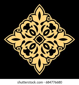 Golden vector pattern on a black background. Damask graphic ornament. Floral design element