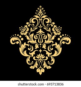 Golden vector pattern on a black background. Damask graphic ornament. Floral design element.