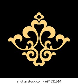 Golden vector pattern on a black background. Damask graphic ornament. Floral design element