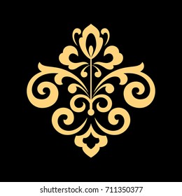 Golden vector pattern on a black background. Damask graphic ornament. Floral design element.