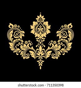 Golden vector pattern on a black background. Damask graphic ornament. Floral design element.