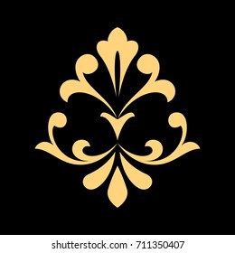 Golden vector pattern on a black background. Damask graphic ornament. Floral design element.