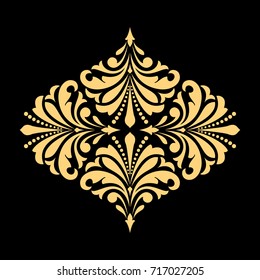 Golden vector pattern on a black background. Damask graphic ornament. Floral design element.