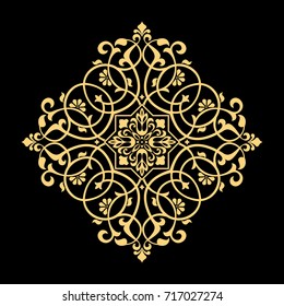 Golden vector pattern on a black background. Damask graphic ornament. Floral design element.