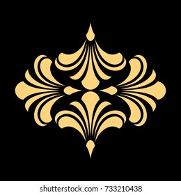 Golden vector pattern on a black background. Damask graphic ornament. Floral design element.