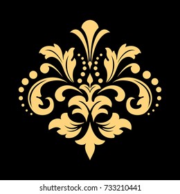 Golden vector pattern on a black background. Damask graphic ornament. Floral design element.