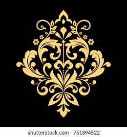 Golden vector pattern on a black background. Damask graphic ornament. Floral design element.