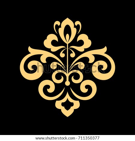 Golden vector pattern on a black background. Damask graphic ornament. Floral design element.