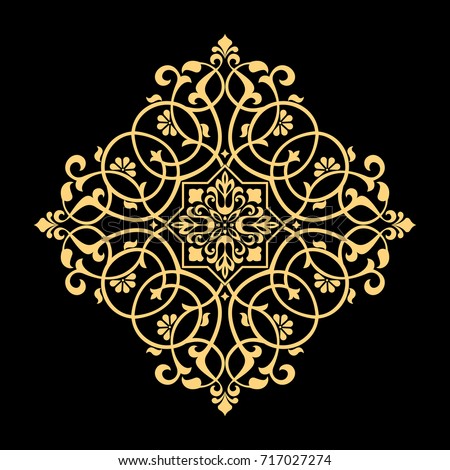 Golden vector pattern on a black background. Damask graphic ornament. Floral design element.