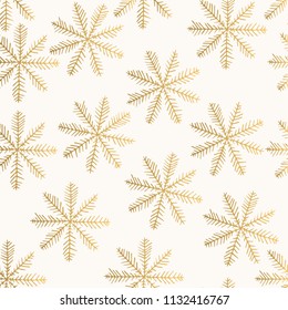 Golden vector pattern with sparkle snowflakes. Seasonal decorative print.