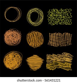 Golden vector pen textures set. Grungy hand drawn circles, lines, frames, stains, dots, stripes, patterns. Sketched, doodle style