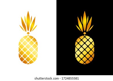 Golden vector pineapple on white background. Pineapple geometric icon. Tropical fruit, isolated on white background. Gold glitter ananas. Summer fruit trendy illustration. Vector illustration