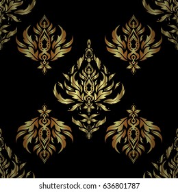 Golden vector print on black background for design invitation, card, wallpaper or fabric. Gold ornament seamless pattern.